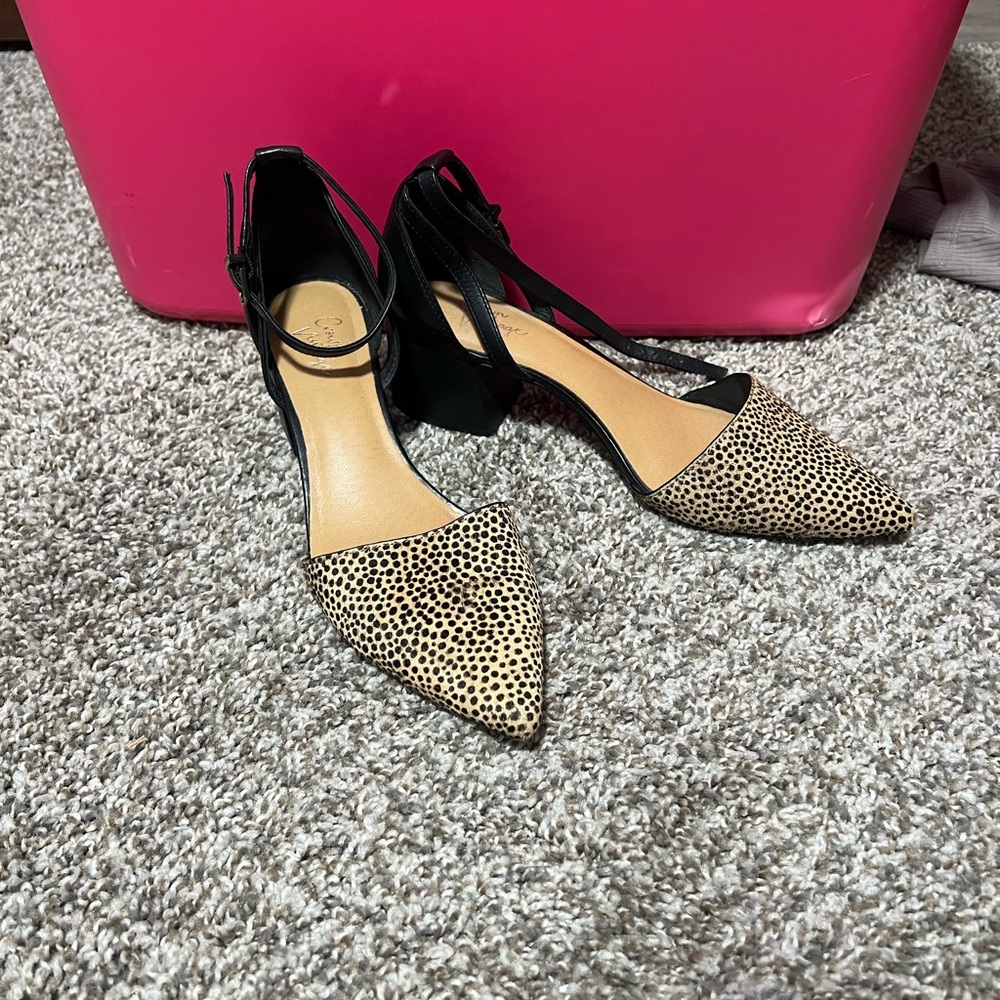 Crown Leopard Print Heels with Black Straps